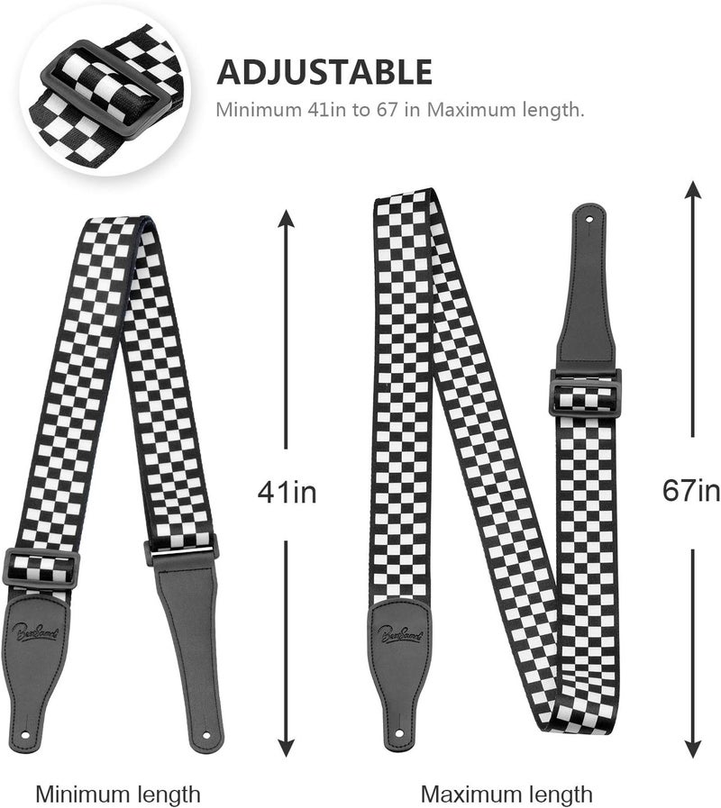 BestSounds Guitar Strap, Bass Guitar Strap, Electric and Acoustic Guitar Straps - Durable Nylon Checkered Guitar Shoulder Strap with Leather Ends (Black and White Checkered) - Image 2
